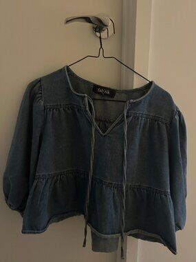 Fab'rik Denim Tiered Babydoll Top | Puff Sleeve | Tie Front | Size M | Boho